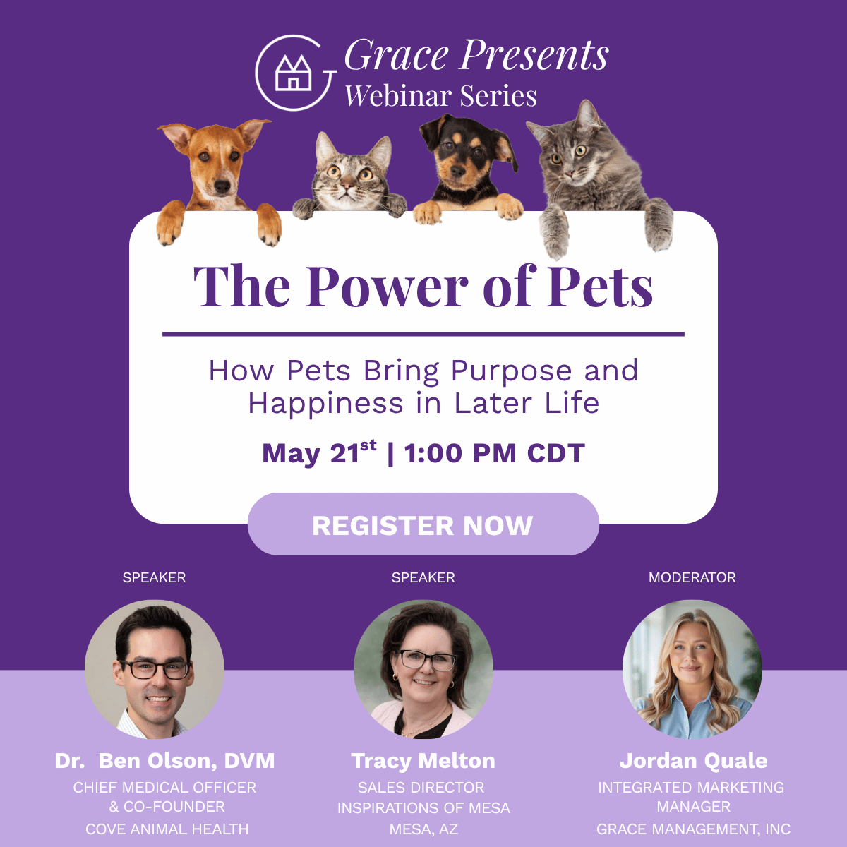 Promotional banner for Grace Presents Webinars with five pets peeking over a white rounded panel displaying 'The Power of Pets' and a 'REGISTER NOW' button on a purple background. Includes speaker headshots at the bottom.
