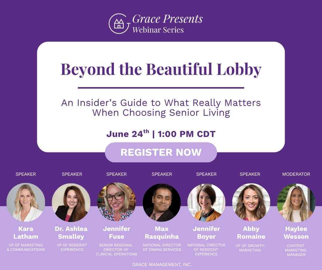Promotional banner for 'Beyond the Beautiful Lobby' webinar with date, time, and a 'Register Now' button, plus speaker headshots and titles.