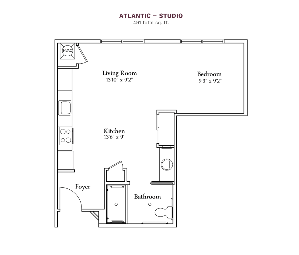 The Camellia at Deerwood layout for "Atlantic - Studio" with 491 square feet.