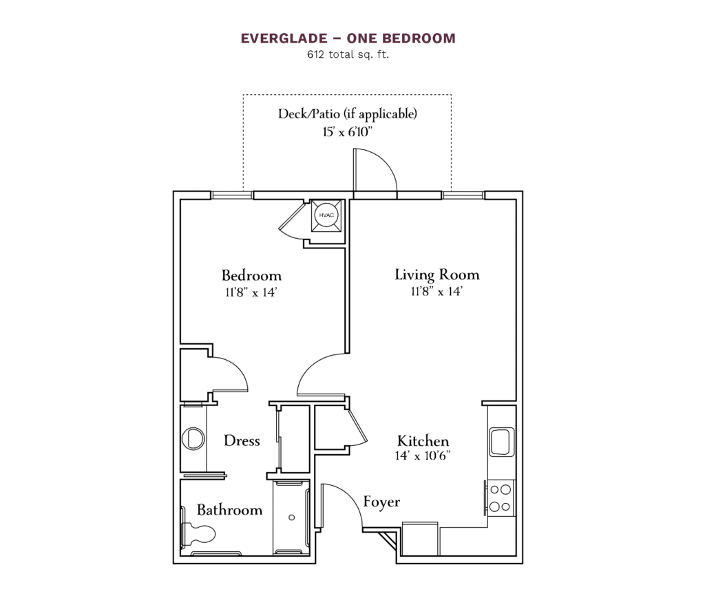 The Camellia at Deerwood layout for "Everglade - One Bedroom" with 612 square feet.