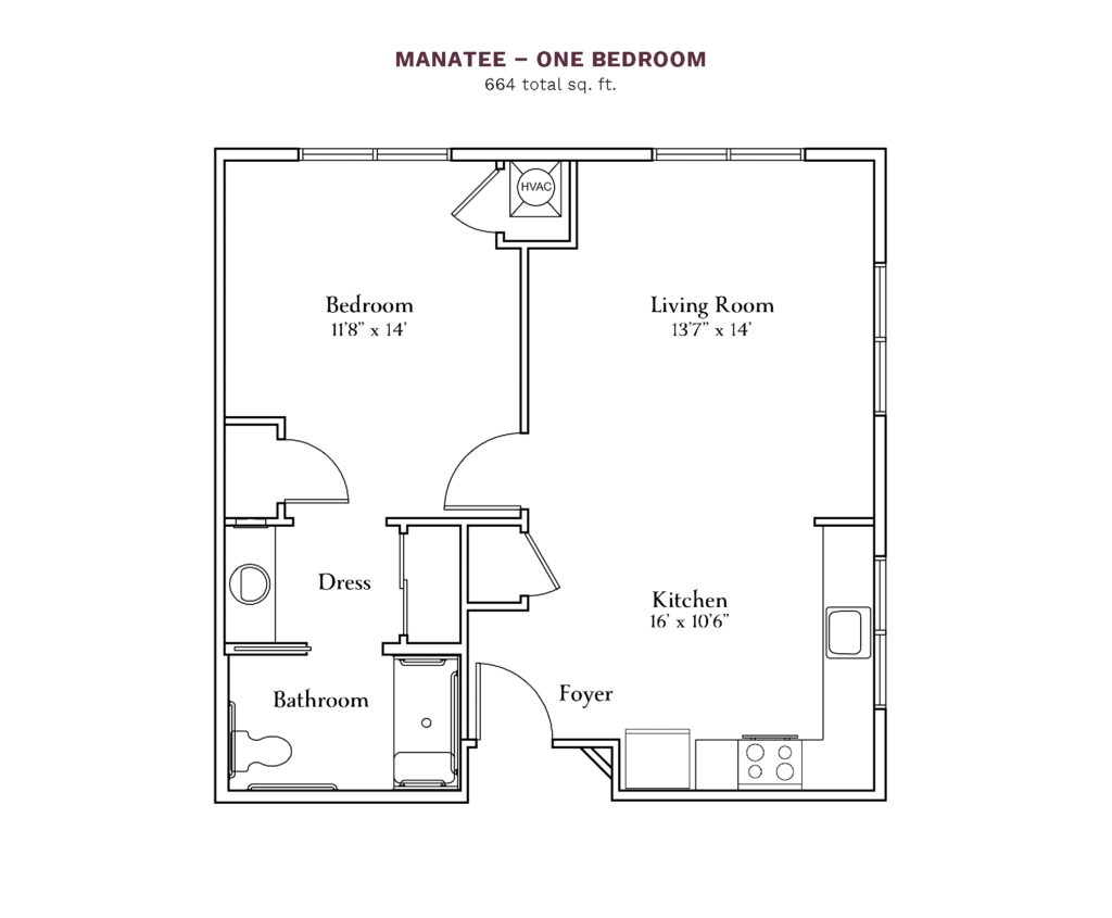 The Camellia at Deerwood layout for "Manatee - One Bedroom" with 664 square feet.