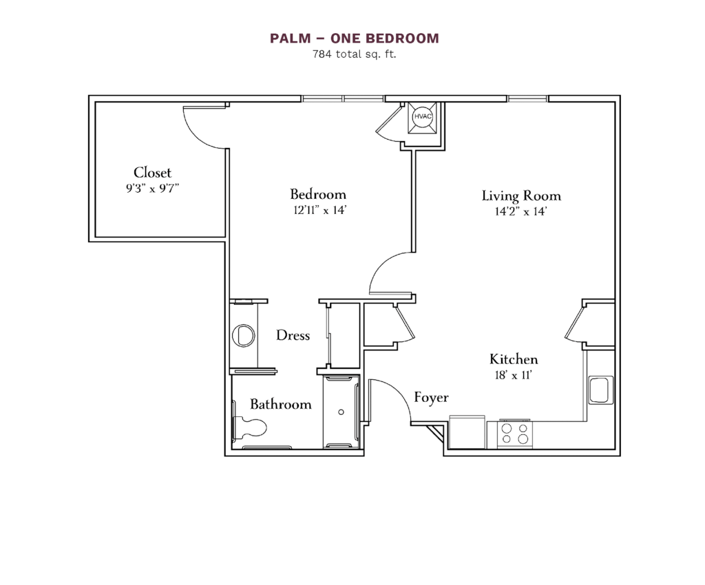 The Camellia at Deerwood layout for "Palm - One Bedroom" with 784 square feet.