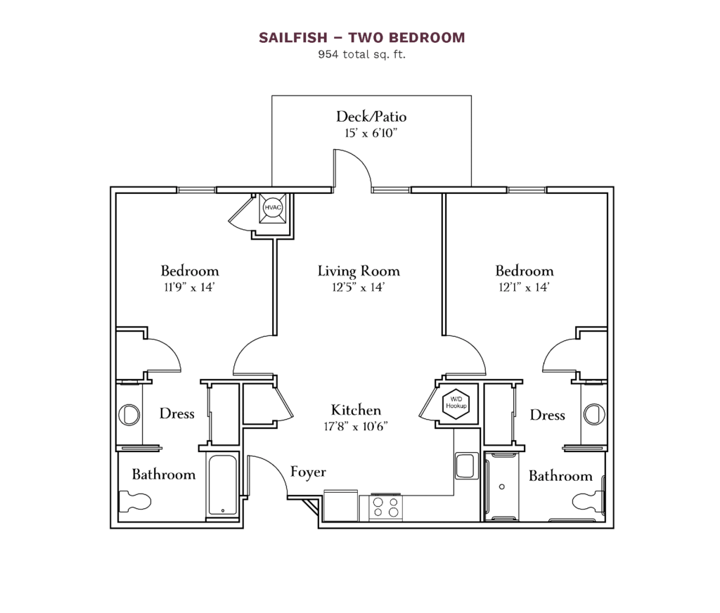 The Camellia at Deerwood layout for "Sailfish - Two Bedroom" with 954 square feet.