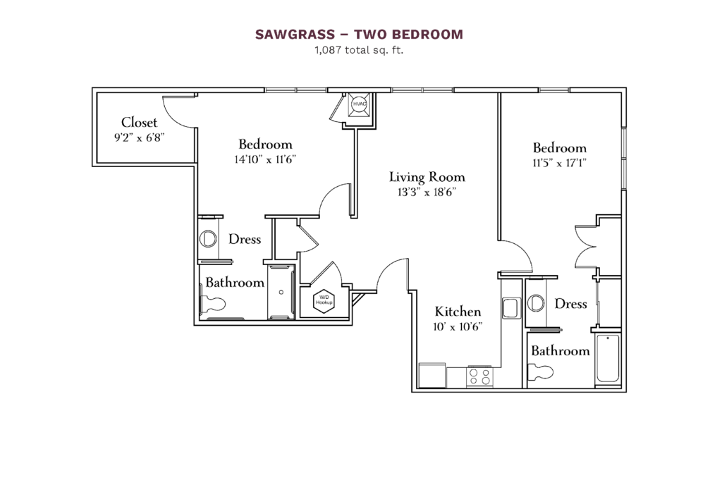 The Camellia at Deerwood layout for "Sawgrass - Two Bedroom" with 1,087 square feet.