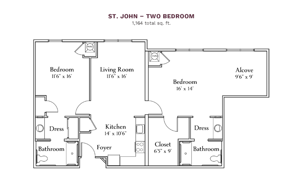 The Camellia at Deerwood layout for "St. John - Two Bedroom" with 1,164 square feet.