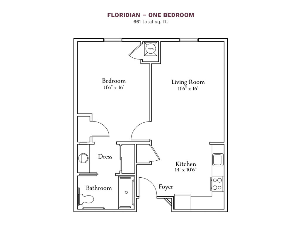 The Camellia at Deerwood layout for "Floridian - One Bedroom" with 661 square feet.