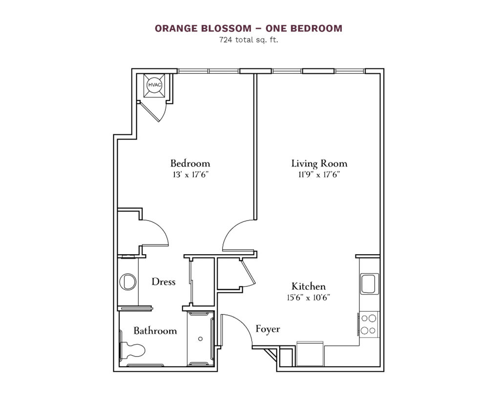 The Camellia at Deerwood layout for "Orange Blossom - One Bedroom" with 724 square feet.